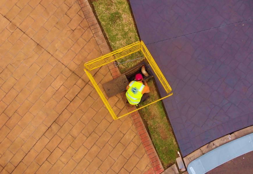Aerial photo of an nbn technician hauling cable.